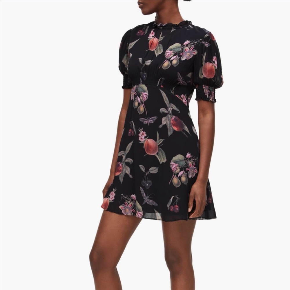 All Saints Black Mini Dress with Pink & Peach Fruit Print